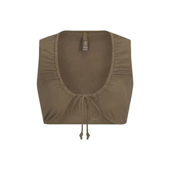 NWT RARE SKIMS Soft Lounge Tie Front Super Crop Top in Moss Green - Picture 2 of 4